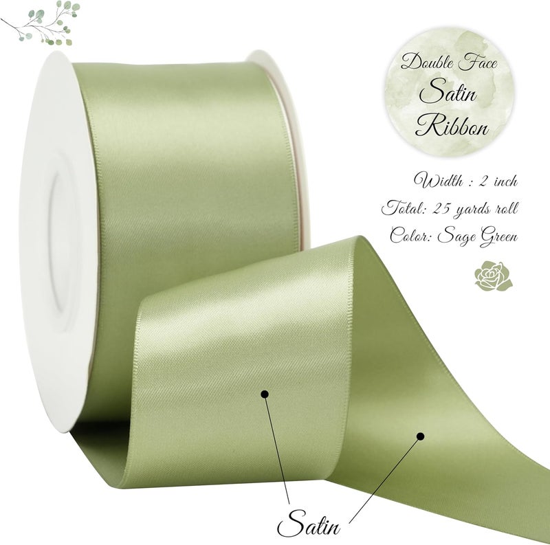 DINDOSAL Sage Green Ribbon Double Face Satin Ribbon 2 Inch Moss Ribbon for Wedding Bridal Bouquet Crafts DIY Party Decorations - 25Yards - Image 2